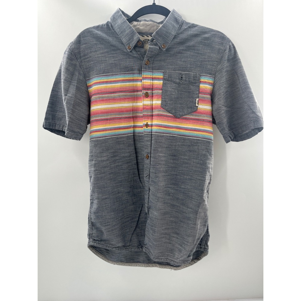 Vans Mens Short Sleeve Button Down Shirt Gray Multi Stripe Chest Pocket Size M